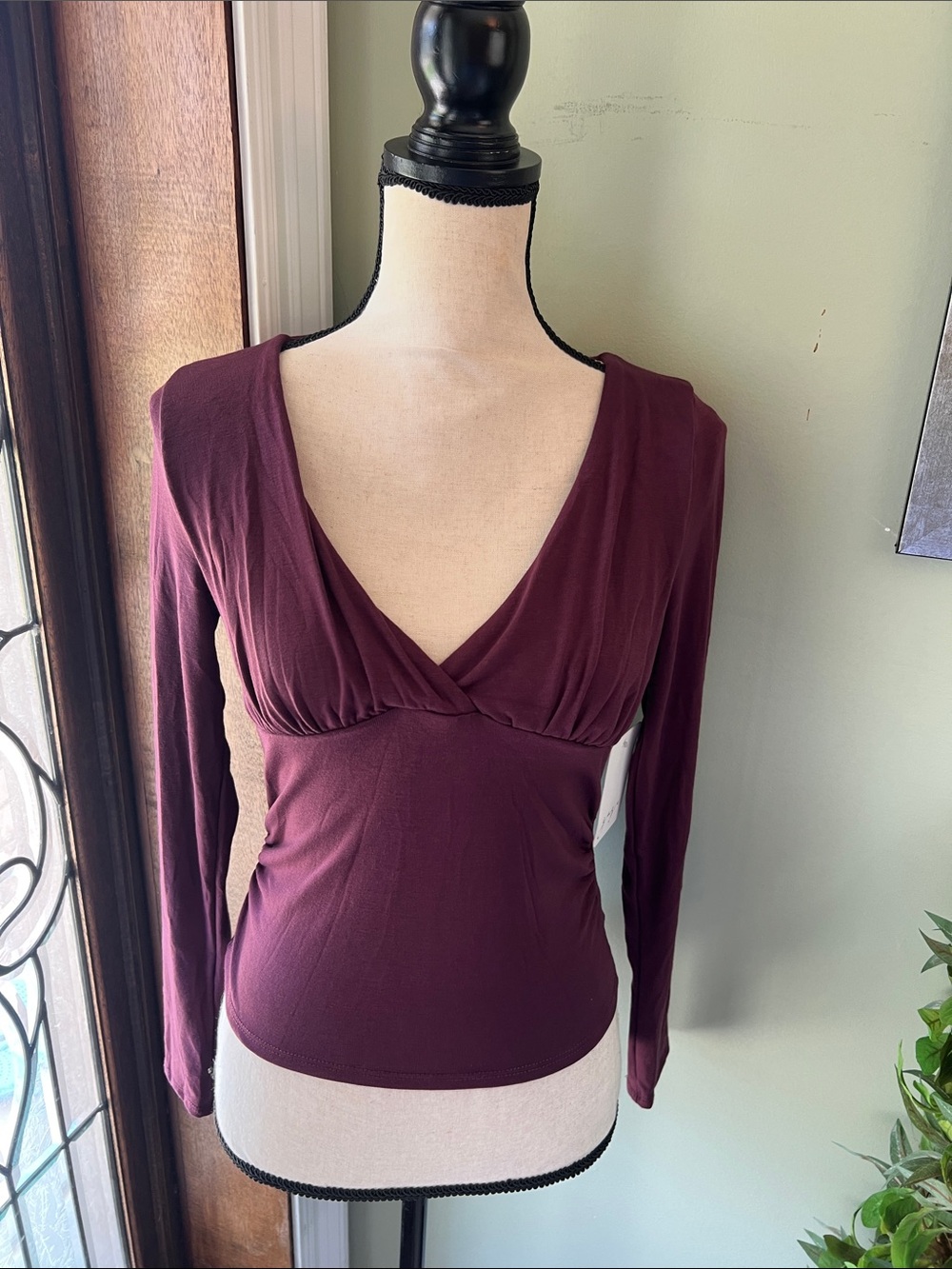 gaze Long Sleeve V-Neck Top in Deep Burgundy